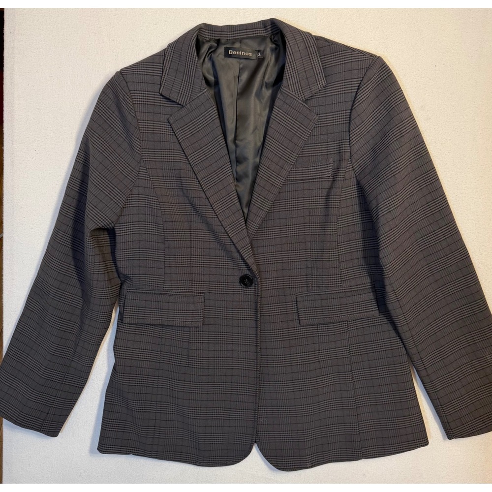 Beninos Womens Grey Plaid Single Button Blazer Jacket Size M Professional Office